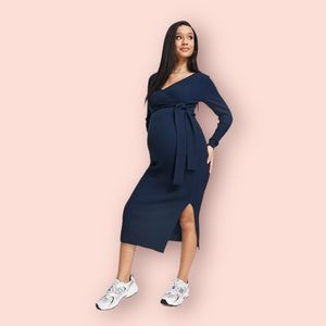 ASOS DESIGN Maternity knit midi dress with wrap front in navy